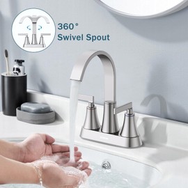 Centerset Bathroom Faucet, 2-Handle Bathroom Faucets, HURRAN 4 Inch Bathroom Sink Faucet, 1.2 GPM Flow Rate, Lead-Free, Brushed Nickel