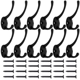 IBosins 12 Pack Black Coat Hooks Wall Mounted with 24 Screws Retro Double Hooks Utility Black Hooks for Coat, Scarf, Bag, Towel, Key, Cap, Cup, Hat