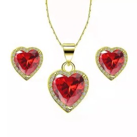 Paris Jewelry 24k Yellow Gold Heart 1Ct Created CZ Full Set Necklace 18 inch Plated