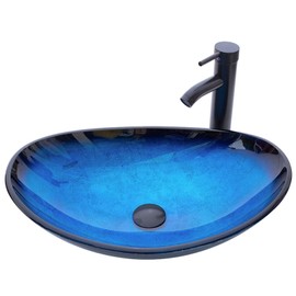 YIMAI Ingenuity Vessel Sink Bathroom Sinks Blue Tempered Glass Art Basin 20.8"x13.7" Oval Bowl Above Counter with Faucet and Pop-Up Drain Combo, Oval Ocean Blue,Countertop Bowl Sink for Lavatory