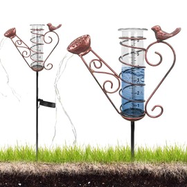 HOSPAOP Solar Rain Gauge for Garden with Ground Spike and LED, Rainfall Meter Frost-Proof Glass for Lawn, Patio, Fields, Courtyards, Garden Decoration