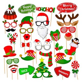 Jagowa 32PCS Christmas Photo Booth Props Xmas Santa Hat DIY Dress-up Party Decorations Photography Selfie Props Set For Christmas Supplies