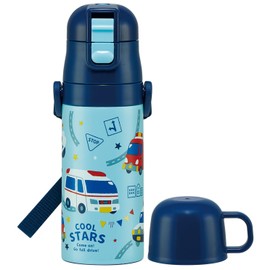 Skater Children's Water Bottle, 2-Way Direct Drinking, 14.2 fl oz (420 ml), Cup Drinking, 11.8 fl oz (350 ml), Working Cars [design], Boys, Small Capacity, Stainless Steel, Heat/Cold Retention