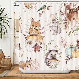 Voshin Fall Forest Shower Curtain, Deer Fox Squirrel Hare Hedgehog Pumpkins Fabric Shower Curtains for Bathroom, Cute Animals and Floral Shower Curtain Set with Hooks, 69 X 70 Inches