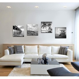 Biuteawal - Black and White Beach Wall Art Florida Seascape Painting Lighthouse Lifeguard Tower Pier Picture Print Streched Framed Artwork for Home Office Living Room Bedroom Decoration Ready to Hang