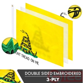 G128 3 Pack: Gadsden Don't Tread On Me Flag | 2x3 Ft | Double ToughWeave Series Double Sided Embroidered 210D Polyester | Historical Flag, Embroidered Design, Brass Grommets, Heavy Duty, 3-ply