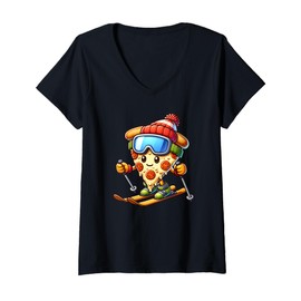 Womens Kid's Ski Lesson Pizza Skier Skiing V-Neck T-Shirt