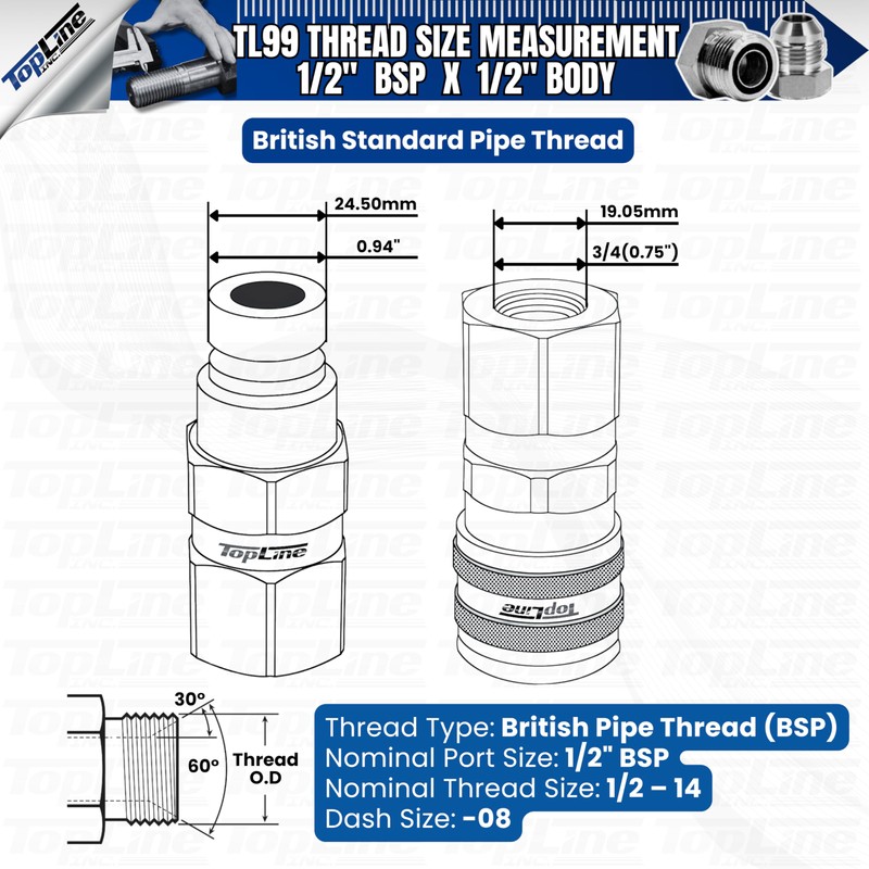 1/2" Body with 1/2" BSP (British Standard Pipe) Thread |