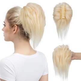 TESSHAIR Short Claw Clip Ponytail Extension, Messy Bun Hair Piece,100% Real Human Hair,6 Inch, #60 Platinum Blonde