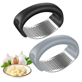 2Pcs Garlic Press Rocker, Stainless Steel Garlic Presser, Garlic Mincer, Arc Manual Ginger Garlic Masher Curved Kitchen Gadget Tool (Black+Grey) (Black+Grey)