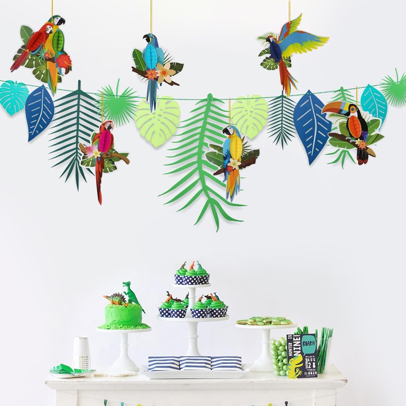 6Pcs ﻿Tropical Birds Honeycomb Paper Cutouts,Colourful Hawaiian Tropical Parrot Honeycomb