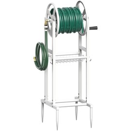 Mokeyder Freestanding Garden Hose Reel holds 125ft Hose of 5/8" with 4 Hooks, 4-Spike Outdoor Hose Holder with 3.9ft Leader Hose & Brass Fitting, Detachable Metal Hose Stand with Storage Rack, White