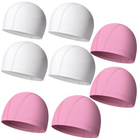 8 Stück elastische und leichte Kinder-Badekappe, bequemer Stoff, Badehüte für Damen, Herren, Kinder und Erwachsene, Schwimmmütze, Kinder 6–14, Jungen, Mädchen (8 Stück weiß und rosa)