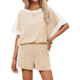 Tankaneo Womens 2 Piece Summer Outfits Oversized Short Sleeve Tops and Shorts Matching Sets Color Block Lounge Set, Khaki, Medium