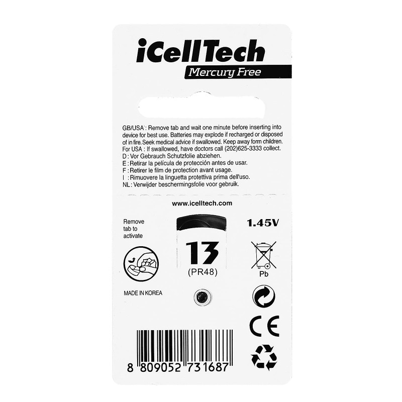 iCellTech Size 13 Hearing Aid Batteries (6 batteries)