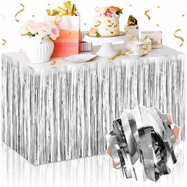 3 Pack Silver Foil Fringe Table Skirt, Shiny Tinsel Table Skirt Streamers Garland for Rectangle Tables, Banquet, Parade Floats, Christmas, Wedding, Birthday Party decorations (29x108 Inch)