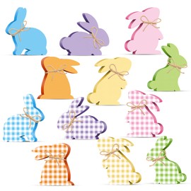 Ferraycle 6 Pcs Easter Bunny Wooden Signs Buffalo Plaid Easter Bunny Decor with Jute Rope Tabletop Wood Easter Decorations Indoor Spring Table Sign for DIY Home Office Farmhouse(Run Style)