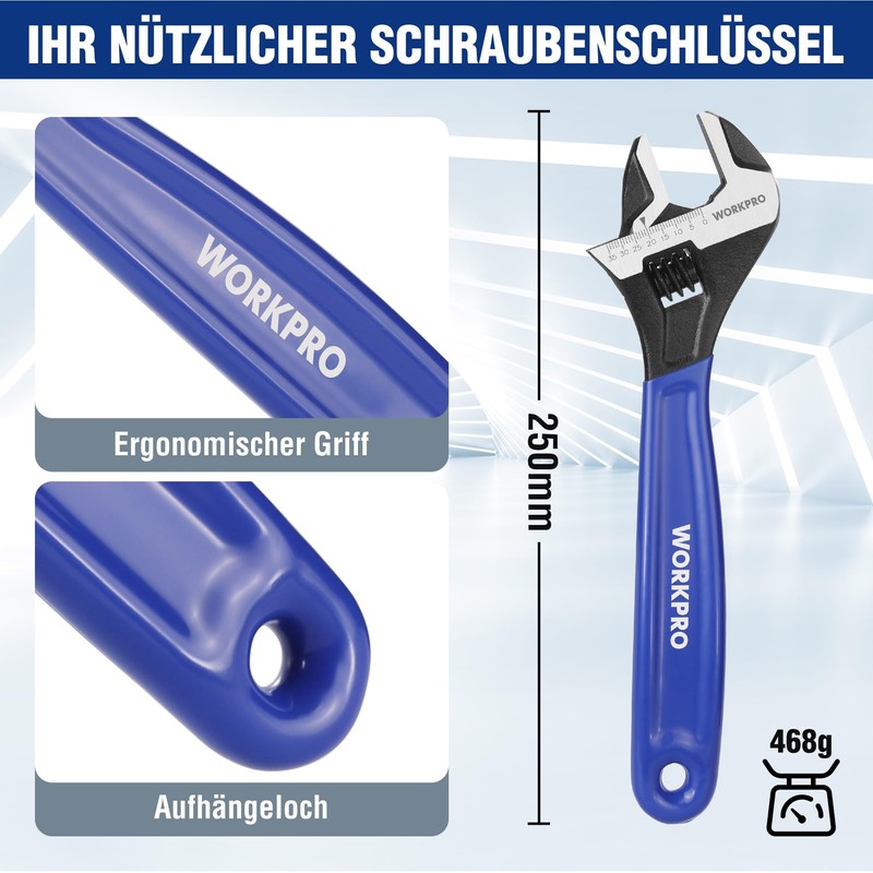 WORKPRO Wrench 250 mm Adjustable Wrench, Adjustable Metric Spanner Made