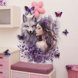 Purple Wolf Girl 3D Butterfly Wall Stickers, sacinora Creative Cold Beauty Wall Decals Removable Vinyl Peel and Stick for Kids Baby Girl Nursery Bedroom Art Home Decorations