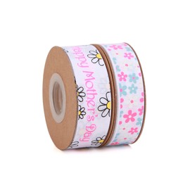 Meseey 20 Yards Mom Ribbon Happy Mother's Day Daisy Floral Grosgarin White and Pink Ribbons for Gift Wrapping, Mother' Day, Valentine's Day，Party Favors(White Mum)
