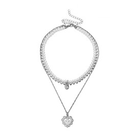 Sttiafay Boho Layered Pearl Necklace Chain Silver Cross Pendant Necklaces Rhinestone Multilayered Clavicle Necklace Gift Jewelry for Women and Teen Girls (Silver)