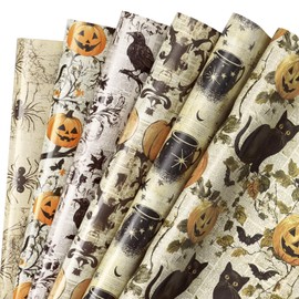 RUSPEPA Vintage Halloween Wrapping Paper Sheets, Black Cat, Pumpkin, Raven & Spider Gothic Gift Wrap Paper for Halloween Party, Trick or Treat Gifts, 6 Folded Sheets, 19.68 X 27.5 Inch