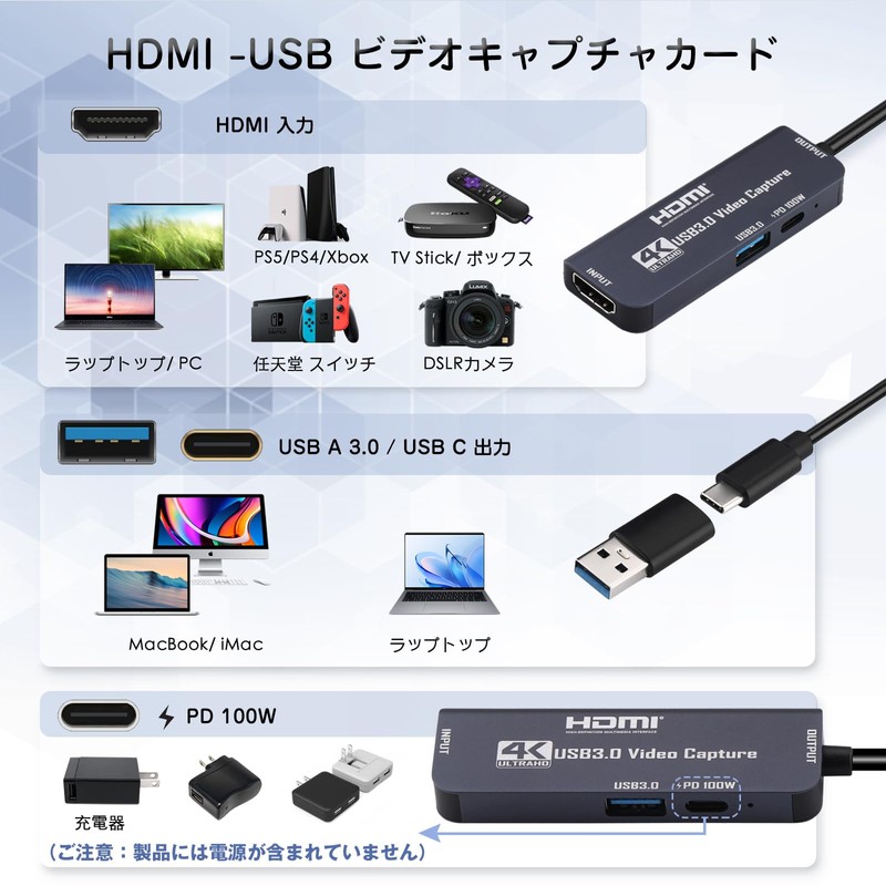 4K USB 3.0 HDMI Capture Board with 100W PD 60fps