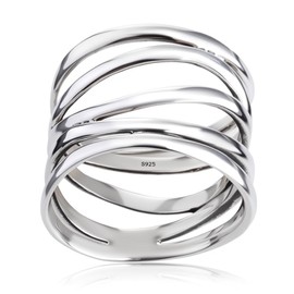 HAIXIAN Classic Silver Plain Multi Cross Lines Wide Band Ring,Silver plated Statement Thumb Index Finger Chunky Band Ring,Cocktail Party Ring for Women (Ring_A, 10.5)