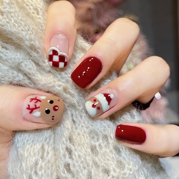24 Pcs Christmas Press on Nails Red Short Square Shape