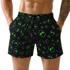 GINGTTO Mens Swimming Trunks with Mesh Liner Beach Shorts for Men 5 Inch Drawstring Alien M Green Black