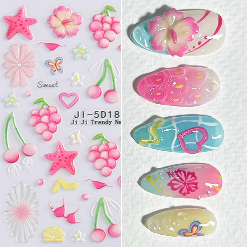 1pcs Summer Nail Stickers for Nail Art Embossed Nail Decals
