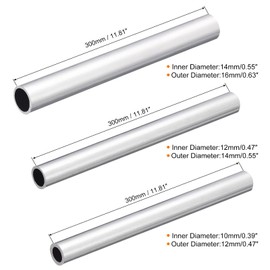 TOP-VIGOR 3Pcs 6063 Aluminum Round Tube, 12mm 14mm 16mm OD 1mm Wall Thickness 300mm Length Seamless Aluminum Straight Tubing Metal Pipe for Industry DIY Projects