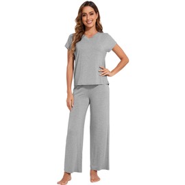WiWi Viscose from Bamboo Pajama Sets for Women Soft V Neck Sleepwear Short Sleeves Top with Pants Pjs S-XXL, Heather Grey, X-Large