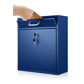 Yaocom Locking Mailbox with Key for Outdoor Large Wall Mount Mail Box with Lock Security Mail Drop Metal Collection Boxes Hanging Secure Postbox(Dark Blue,12 x 10.5 x 4.7 Inches)