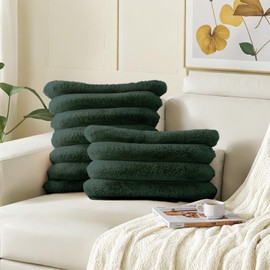 HAUSSY Faux Fur Throw Pillow Covers 18x18 Inch Set of 2,Decorative Striped Neutral Pillow Cases Soft Plush Couch Pillow Covers,Home Decor for Sofa,Bed, Living Room,Dark Green
