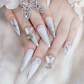 Press on Nails Almond Pointed Long Full Cover Acrylic Almond French False Nails with Designs Artificial Almond Fake Nails with Charms Glue ons Fingernails Almond Shaped Nails for Women Girls(Z274)