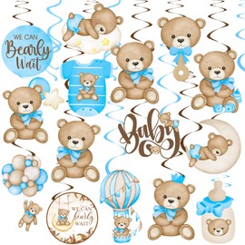 Bear Hanging Swirls Blue Bear Baby Shower Party Decorations 20Pcs We Can Bearly Wait Hanging Decorations Teddy Bear Party Ceiling Streamers for Baby Boy Bear Theme Gender Reveal Party Supplies