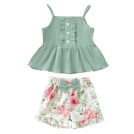 Kucnuzki Toddler Baby Girl Clothes Summer Outfits Ruffle Sleeveless Cotton Shirt Little Girl Clothing Kid Short Set for Girl Green,3-4T