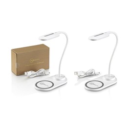 Auraglow LED Flexible Neck Desk Lamp with 3 Colour Modes and 10W Wireless Smart Phone Qi Fast Charger - White - 2 Pack
