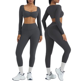 OMKAGI 2 Piece Workout Sets for Women Long Sleeve Padded Sports Bra High Waisted Gym Outfits with Pocket(M,441-Gray)