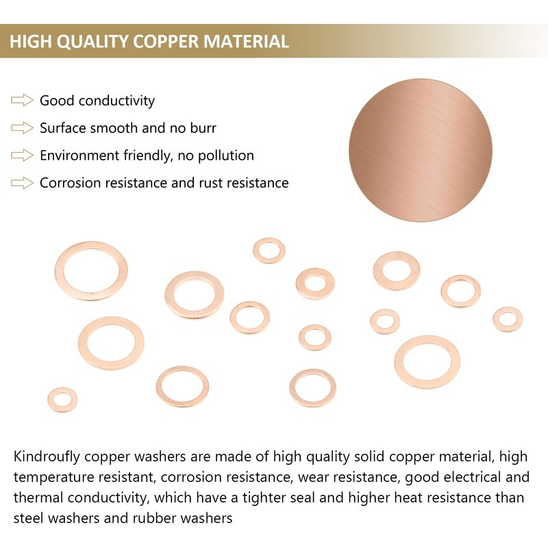 225 Pieces Copper Metric Flat Washers, Sealing Washers, Kindroufly 10