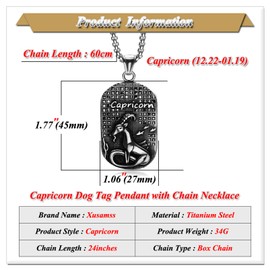 Xusamss Punk Rock Titanium Steel Twelve Constellation Dog Tag Pendant Crystal Necklace,24" Box Chain