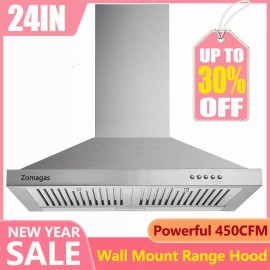 Zomagas 24inch Kitchen Wall Mounted Range Hood 450CFM Stainless Steel 3-Speeds LED New