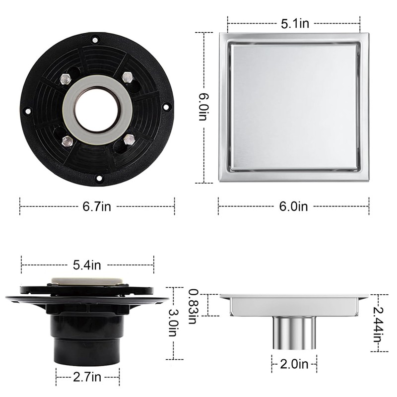 6 Inch Square Shower Floor Drain, Shower Drain Kit with