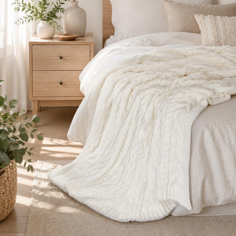 Plush Cable Knit Throw Blanket 50x60, White, Cozy Home Accent