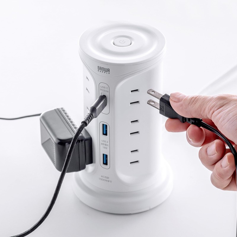 Sanwa Supply TAP-B112C1A2W Tower Tap with USB Charging Function, White