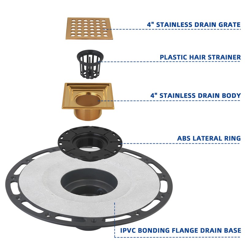 Square Shower Drain, 4-Inch Polished Gold Kit with Bonding Flange,