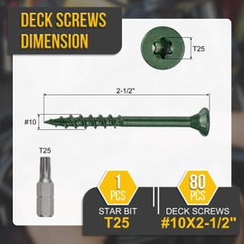 DTGN #10x2-1/2 Deck Screws - 80Pack - Good for Decks, Fences, Frames, Farms, Outdoor Furniture - Carbon Steel Wood Screws W/ T25 Torx Star Drive Bit - Green