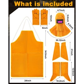 Jecery 5 Pcs Welding Flame Resistant 5 in 1 Set Include Cowhide Leather Welding Apron gloves sleeves spats Boot Covers and Hood with Light Lens and Neck Shoulder Protection