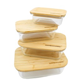 Bambooware Glass Containers with Lids | Non Plastic Glassware Set - Natural Raw Organic Wooden Bamboo Lids | Set of 4 | Reusable, BPA Free | Perfect for Meal Prep, Lunch, Leftovers, Kitchen